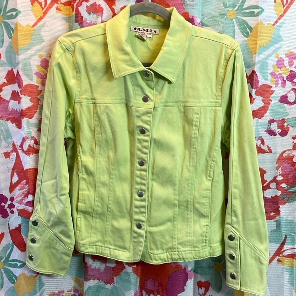 A.M.I. Lime Green Denim Jacket Women’s Medium Stretch Button Front Jean Style